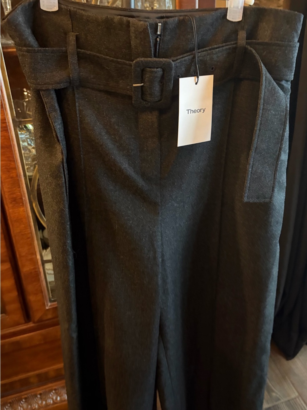 Theory women’s high waisted light flannel Charcoal Gray Belted Dress Pants NWT - Picture 3 of 9